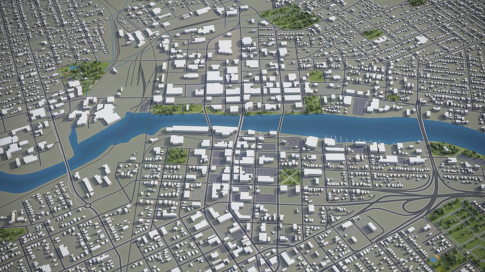 A three-dimensional scale model of Rockford seen from above, the Rock River curving through the street grid, downtown blocks picked out in white against the surrounding neighborhoods.